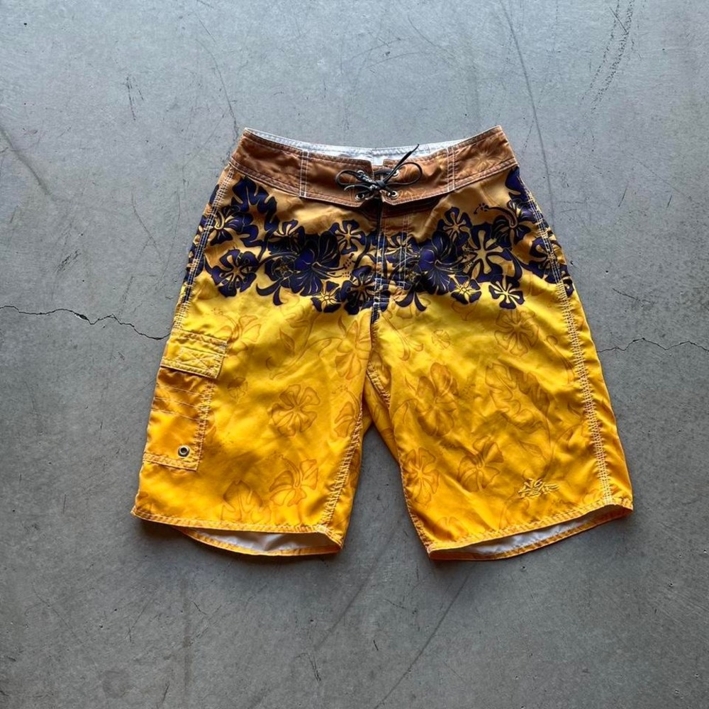 No Fear Mens Board Shorts Yellow Purple Hibiscus Floral Cargo Swim Trunks 32